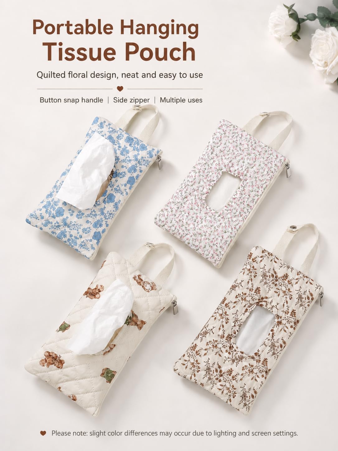 Quilted Baby Wipe Holder Floral Diaper Pouch Portable Quilted Wipes Bag for Car, Stroller (Beige Pattern)