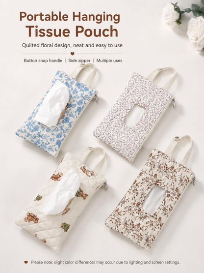 Quilted Baby Wipe Holder Floral Diaper Pouch Portable Quilted Wipes Bag for Car, Stroller (Beige Pattern)