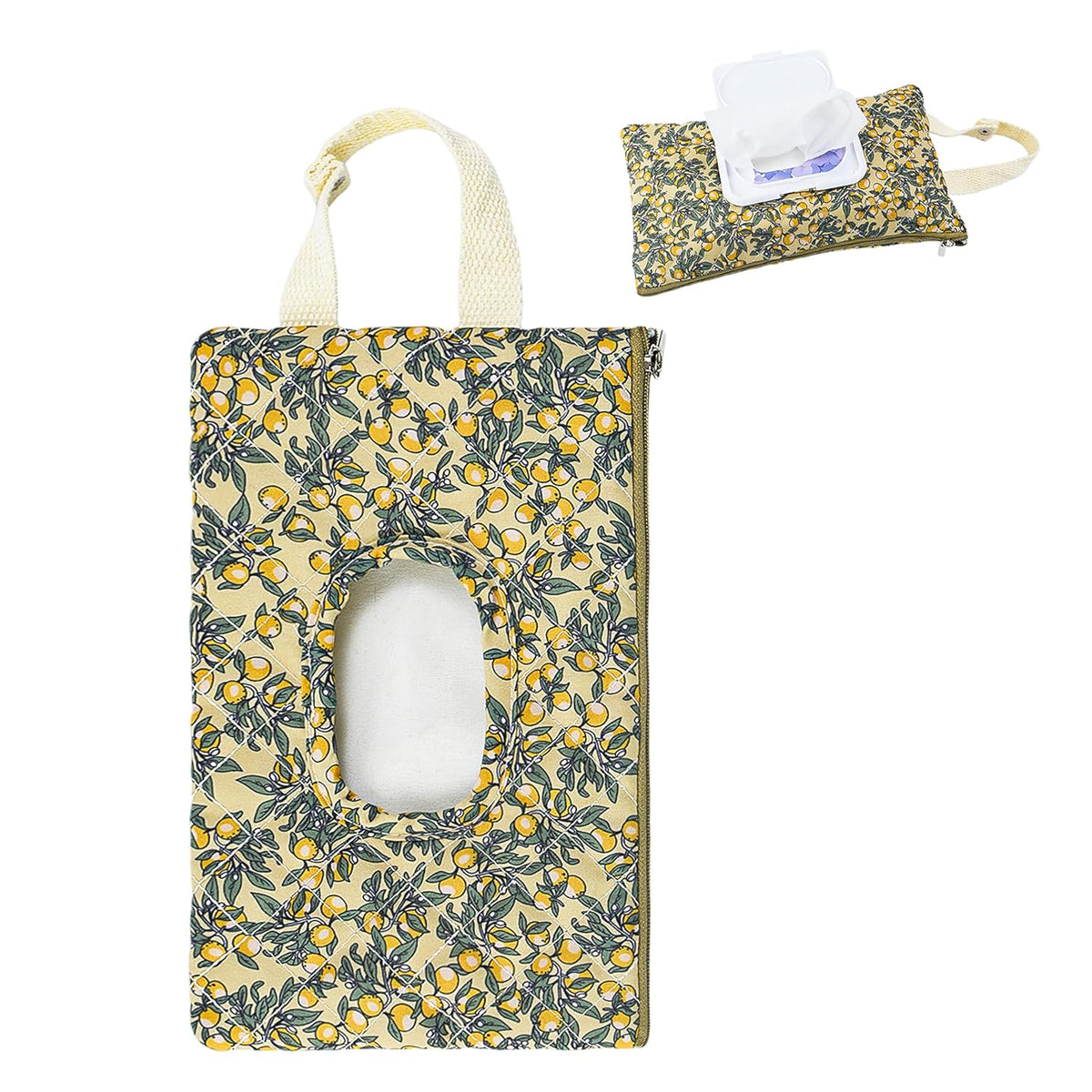 Quilted Baby Wipe Holder Floral Diaper Pouch Portable Quilted Wipes Bag for Car, Stroller (Beige Pattern)