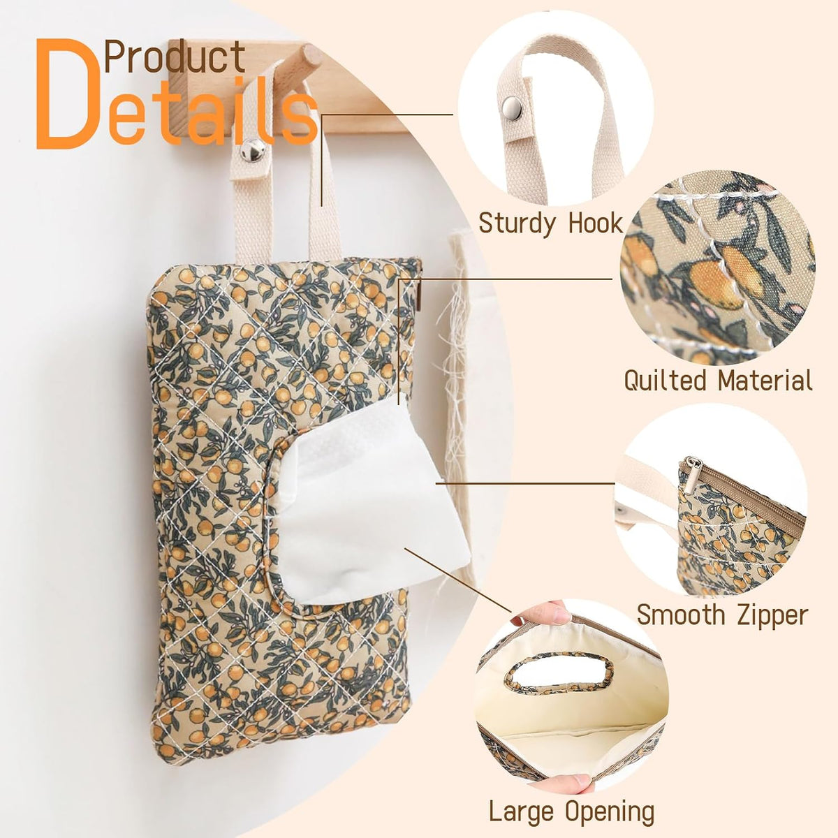 Quilted Baby Wipe Holder Floral Diaper Pouch Portable Quilted Wipes Bag for Car, Stroller (Beige Pattern)
