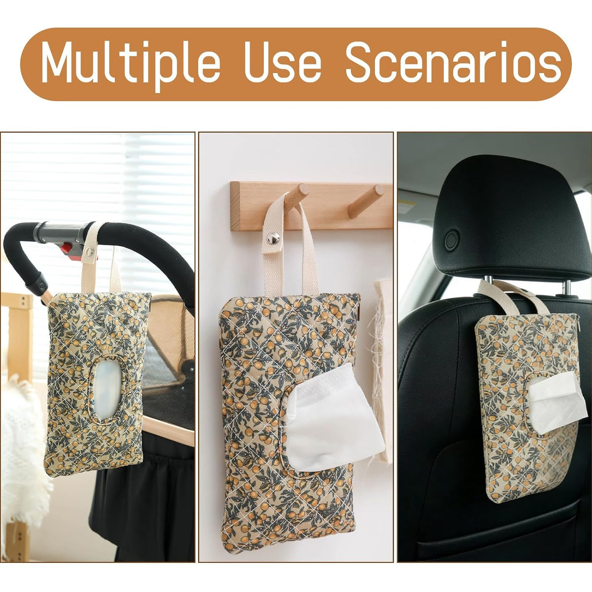 Quilted Baby Wipe Holder Floral Diaper Pouch Portable Quilted Wipes Bag for Car, Stroller (Beige Pattern)