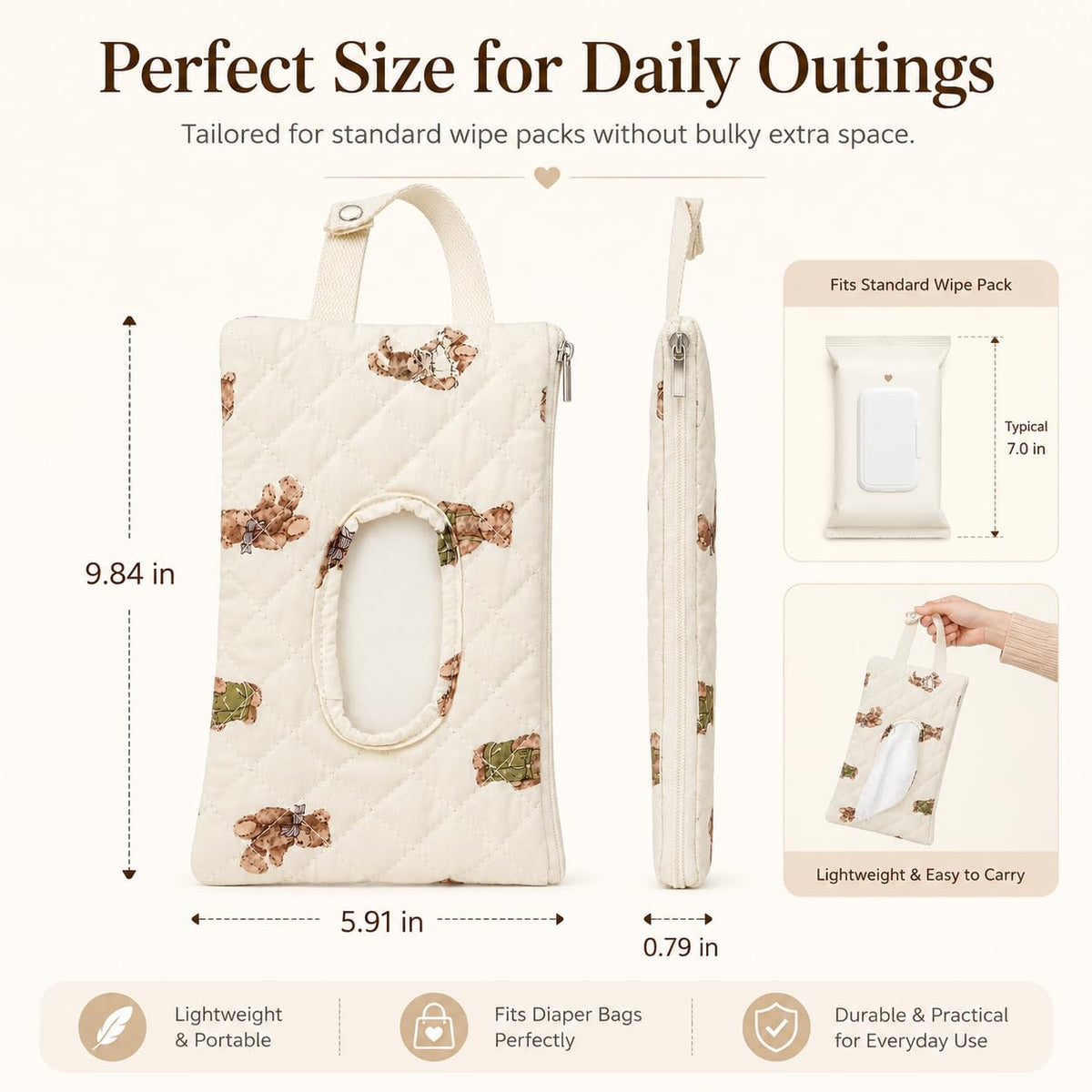 Quilted Baby Wipe Holder Floral Diaper Pouch Portable Quilted Wipes Bag for Car, Stroller (Beige Pattern)