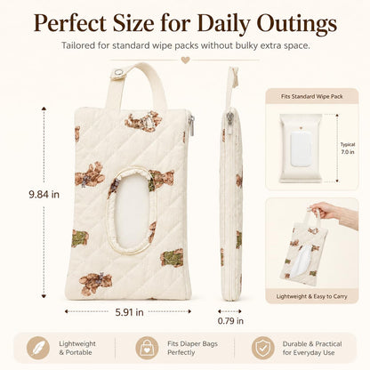 Quilted Baby Wipe Holder Floral Diaper Pouch Portable Quilted Wipes Bag for Car, Stroller (Beige Pattern)