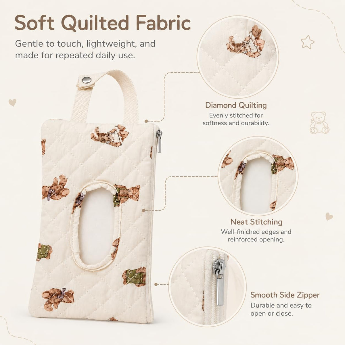 Quilted Baby Wipe Holder Floral Diaper Pouch Portable Quilted Wipes Bag for Car, Stroller (Beige Pattern)