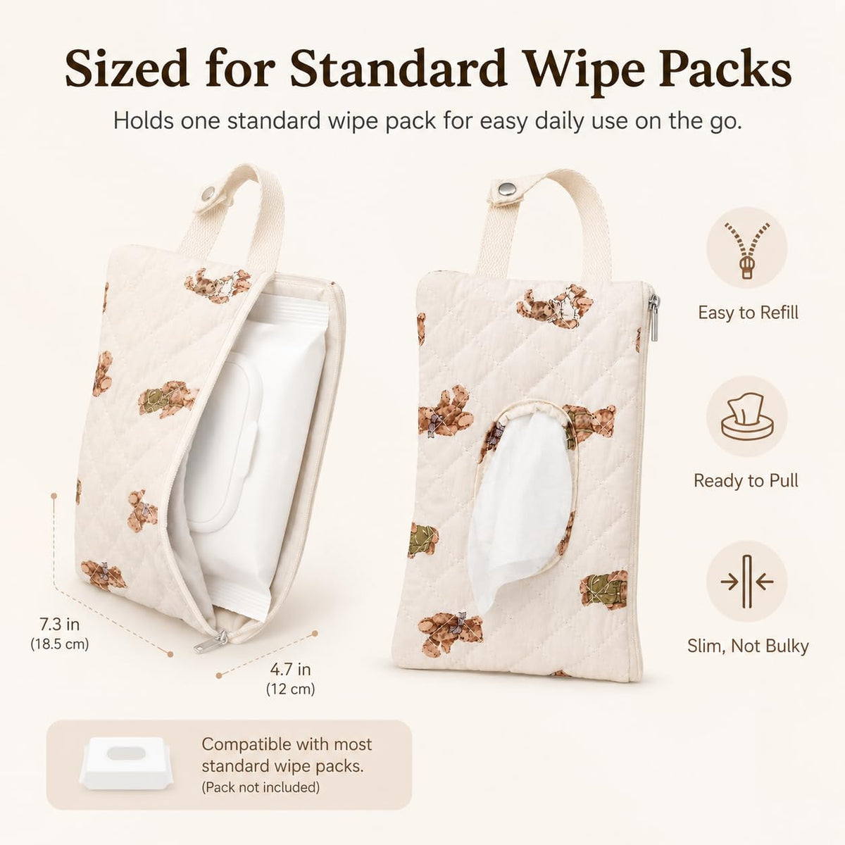 Quilted Baby Wipe Holder Floral Diaper Pouch Portable Quilted Wipes Bag for Car, Stroller (Beige Pattern)