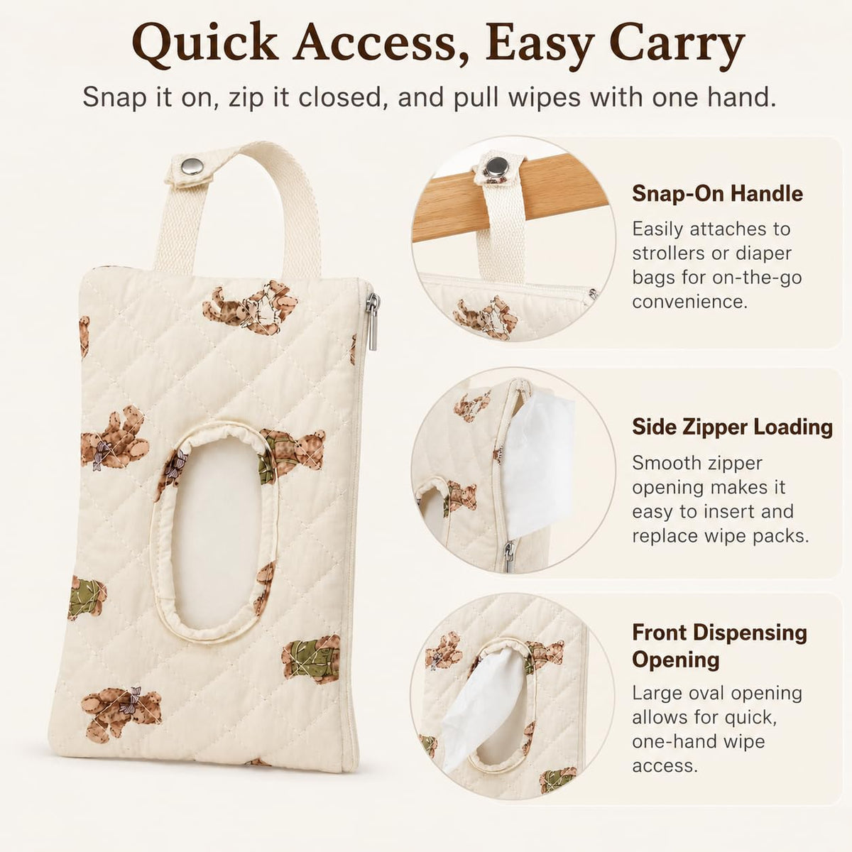 Quilted Baby Wipe Holder Floral Diaper Pouch Portable Quilted Wipes Bag for Car, Stroller (Beige Pattern)