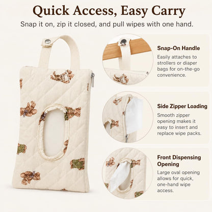 Quilted Baby Wipe Holder Floral Diaper Pouch Portable Quilted Wipes Bag for Car, Stroller (Beige Pattern)