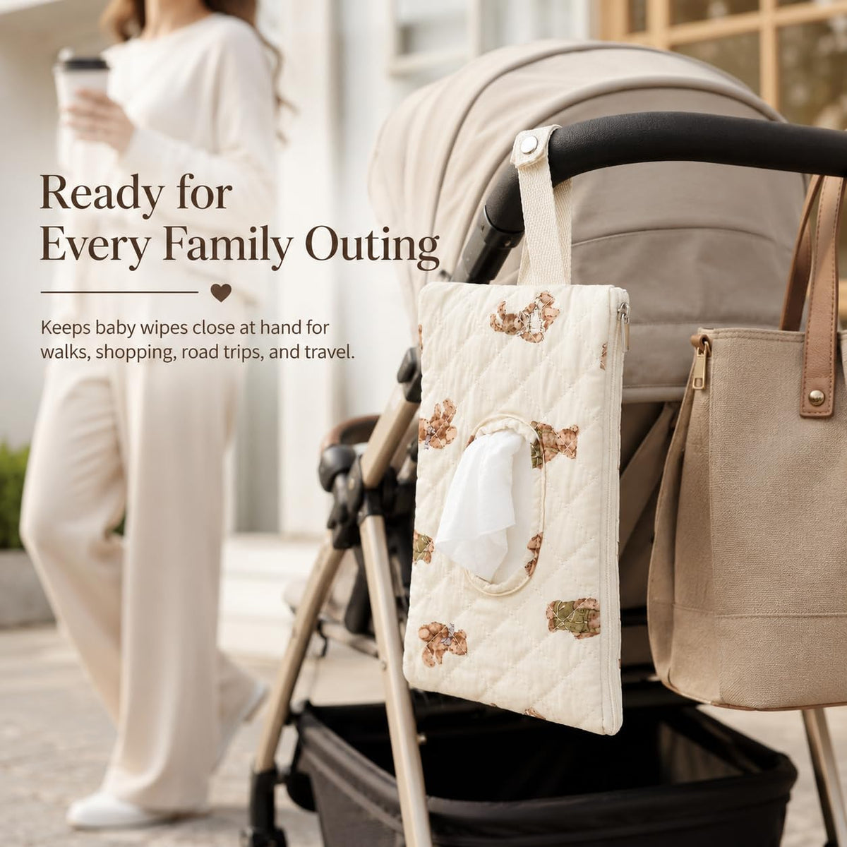 Quilted Baby Wipe Holder Floral Diaper Pouch Portable Quilted Wipes Bag for Car, Stroller (Beige Pattern)