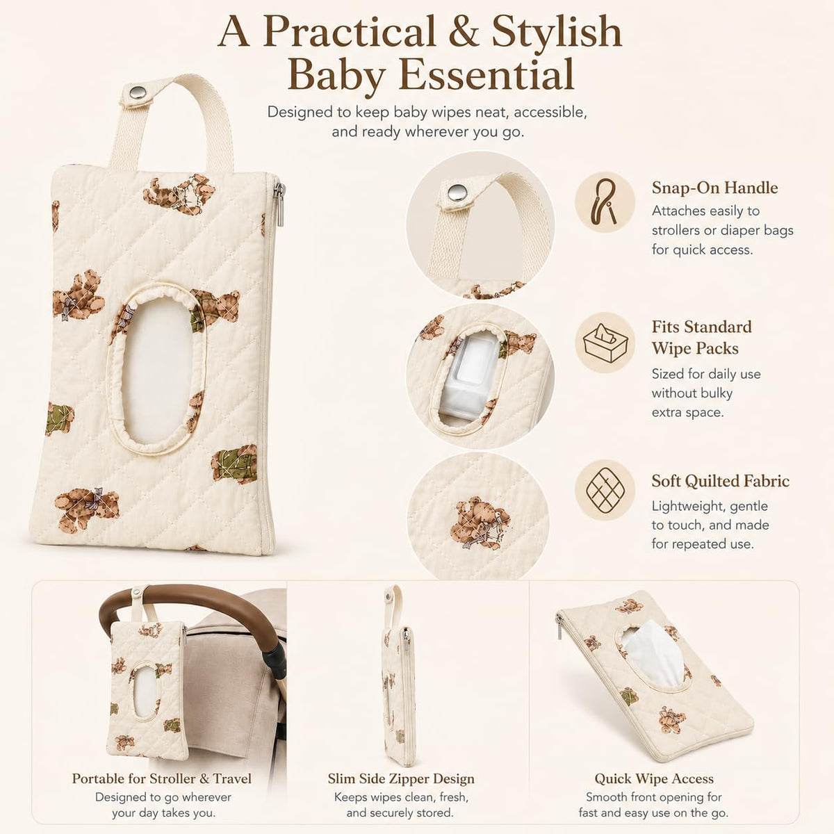Quilted Baby Wipe Holder Floral Diaper Pouch Portable Quilted Wipes Bag for Car, Stroller (Beige Pattern)