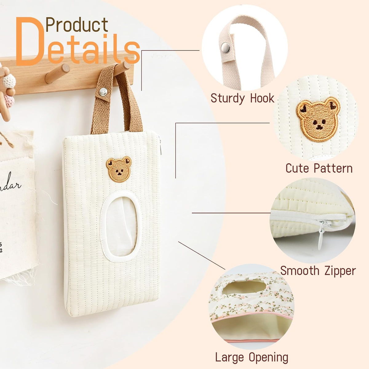 Quilted Baby Wipe Holder Floral Diaper Pouch Portable Quilted Wipes Bag for Car, Stroller (Beige Pattern)