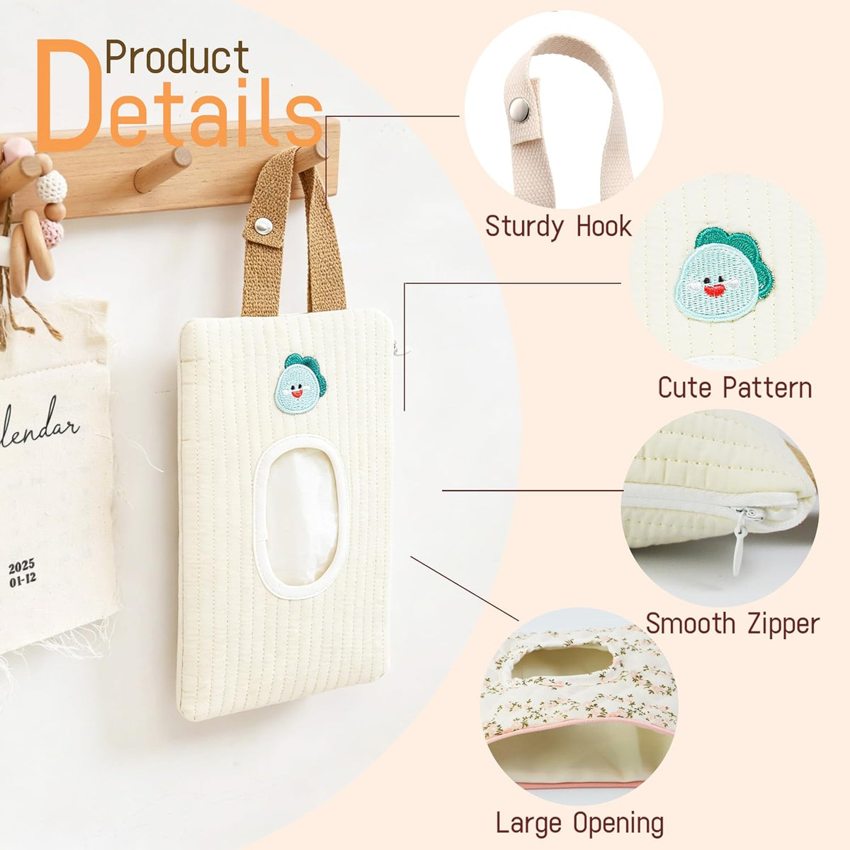 Quilted Baby Wipe Holder Floral Diaper Pouch Portable Quilted Wipes Bag for Car, Stroller (Beige Pattern)
