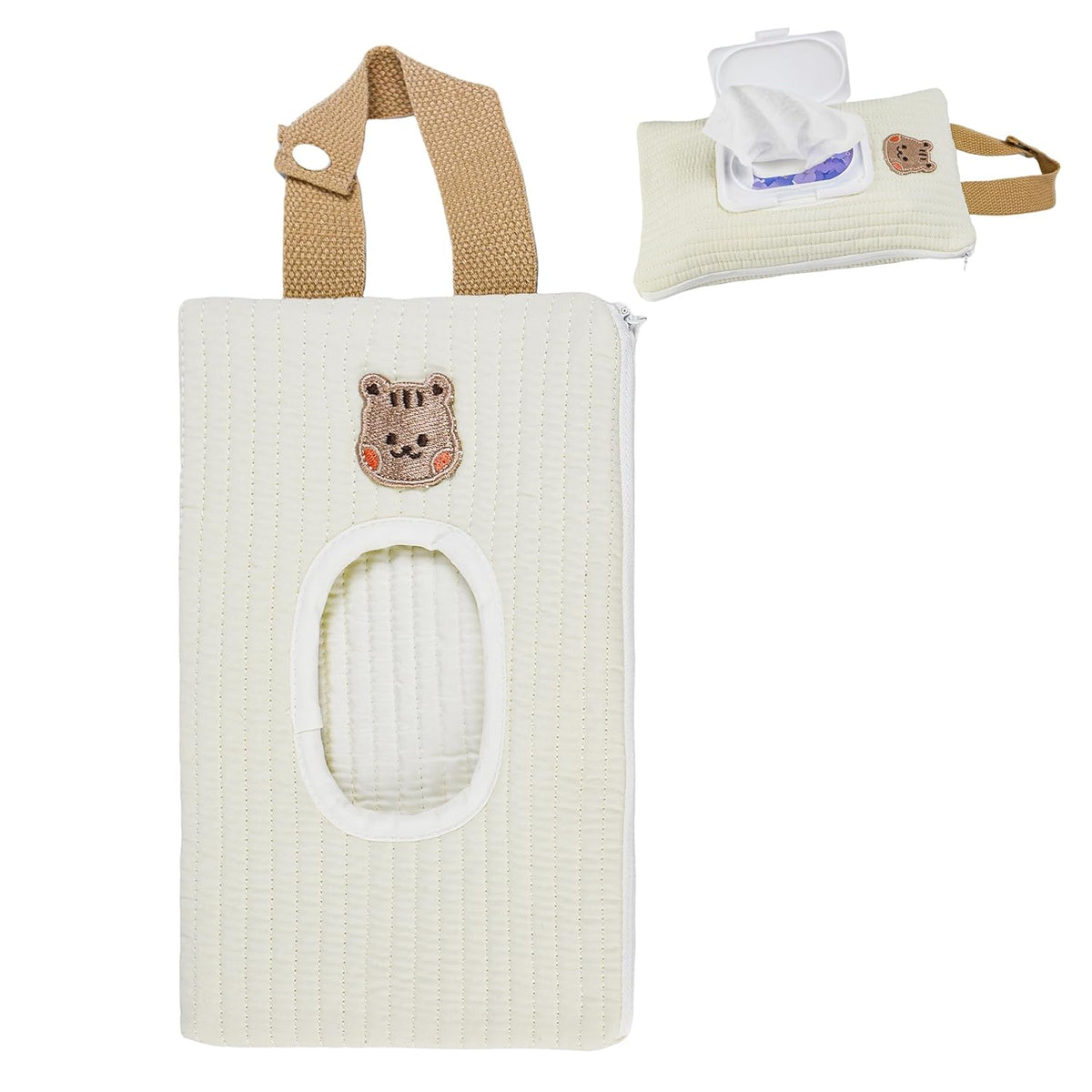 Quilted Baby Wipe Holder Floral Diaper Pouch Portable Quilted Wipes Bag for Car, Stroller (Beige Pattern)
