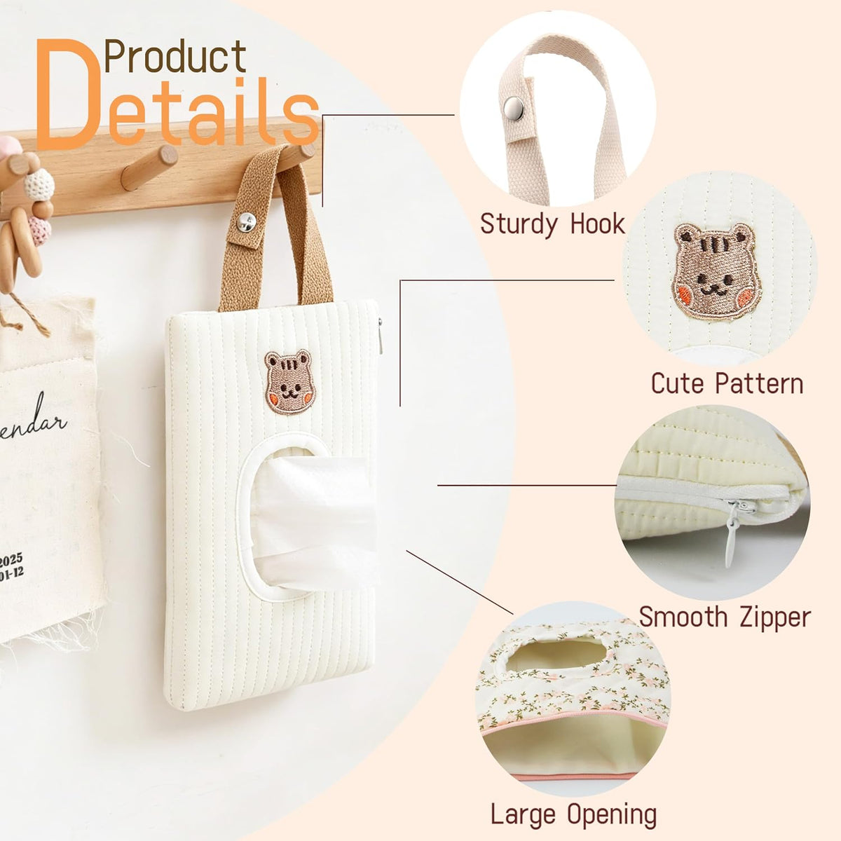 Quilted Baby Wipe Holder Floral Diaper Pouch Portable Quilted Wipes Bag for Car, Stroller (Beige Pattern)