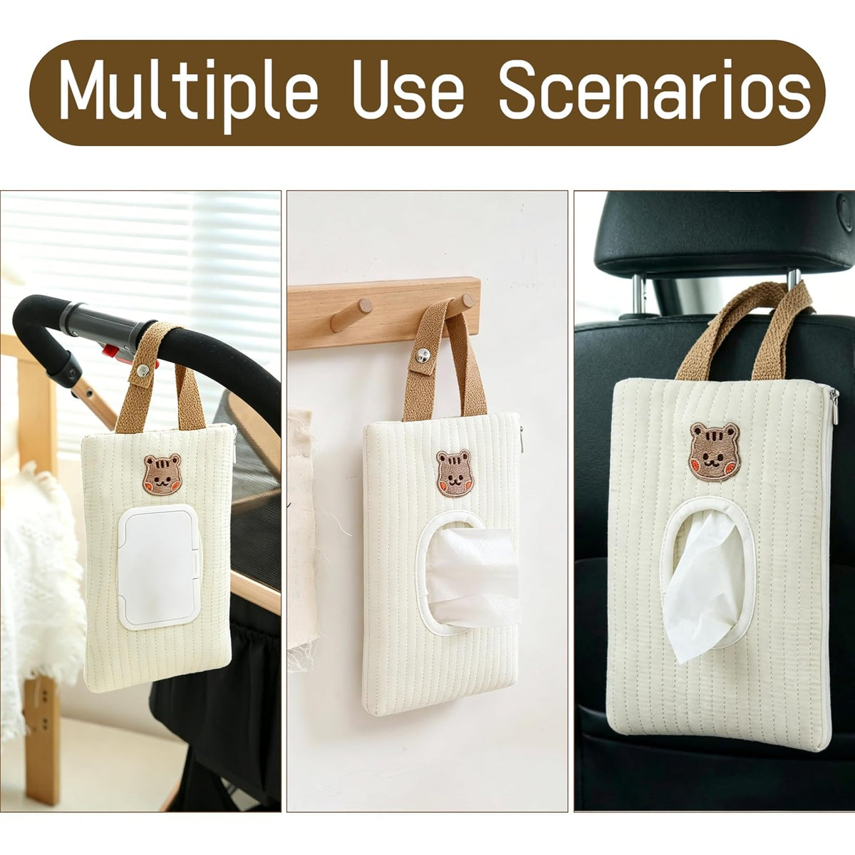 Quilted Baby Wipe Holder Floral Diaper Pouch Portable Quilted Wipes Bag for Car, Stroller (Beige Pattern)