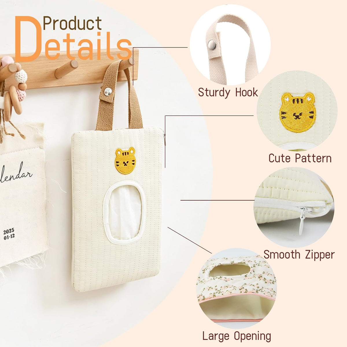 Quilted Baby Wipe Holder Floral Diaper Pouch Portable Quilted Wipes Bag for Car, Stroller (Beige Pattern)