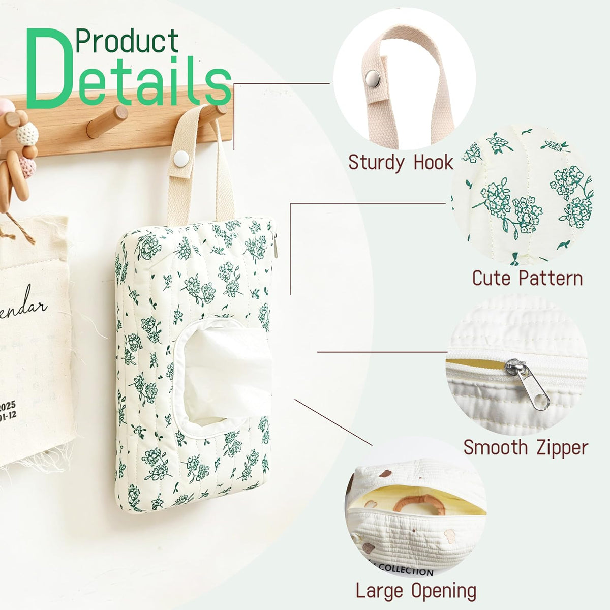 Quilted Baby Wipe Holder Floral Diaper Pouch Portable Quilted Wipes Bag for Car, Stroller (Beige Pattern)