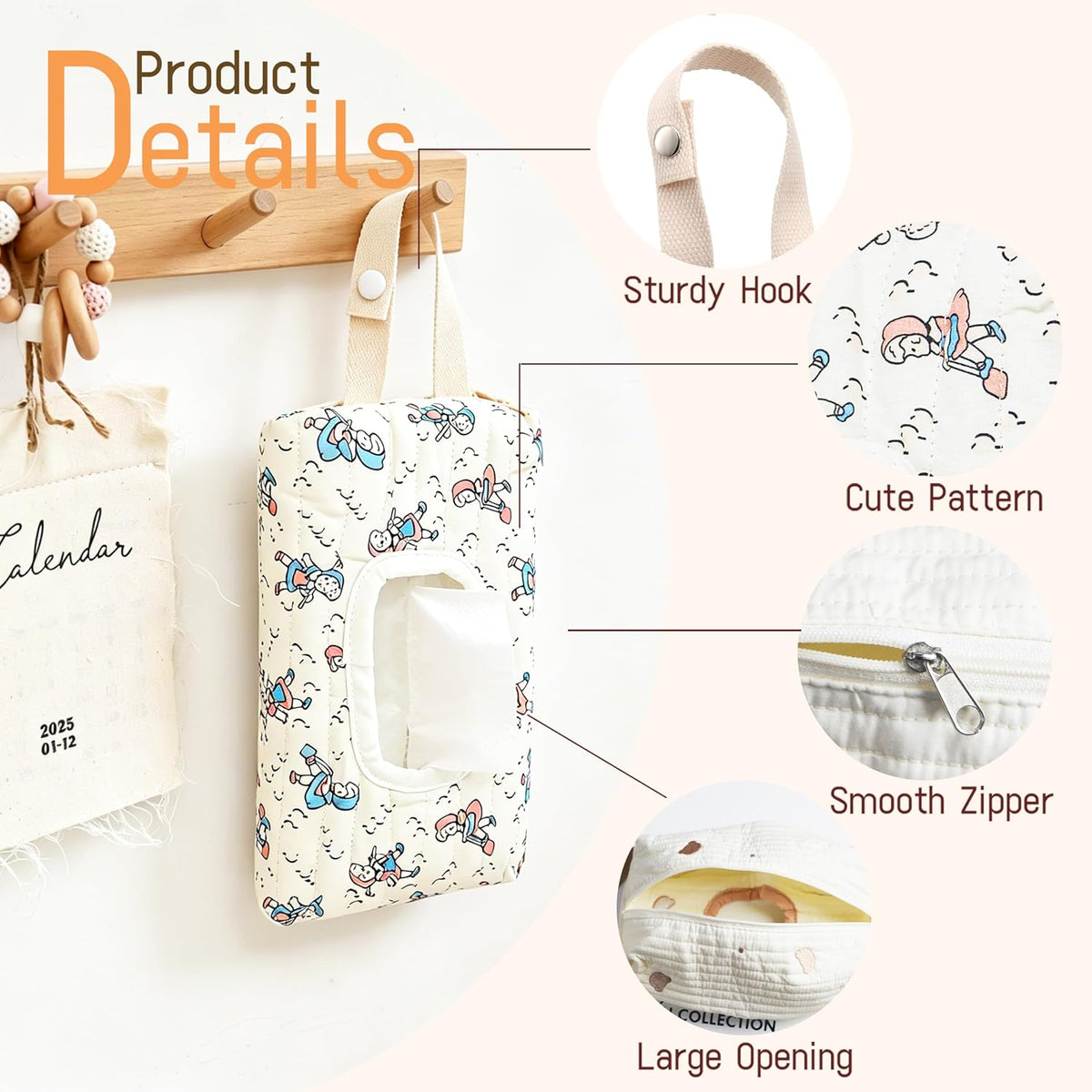 Quilted Baby Wipe Holder Floral Diaper Pouch Portable Quilted Wipes Bag for Car, Stroller (Beige Pattern)