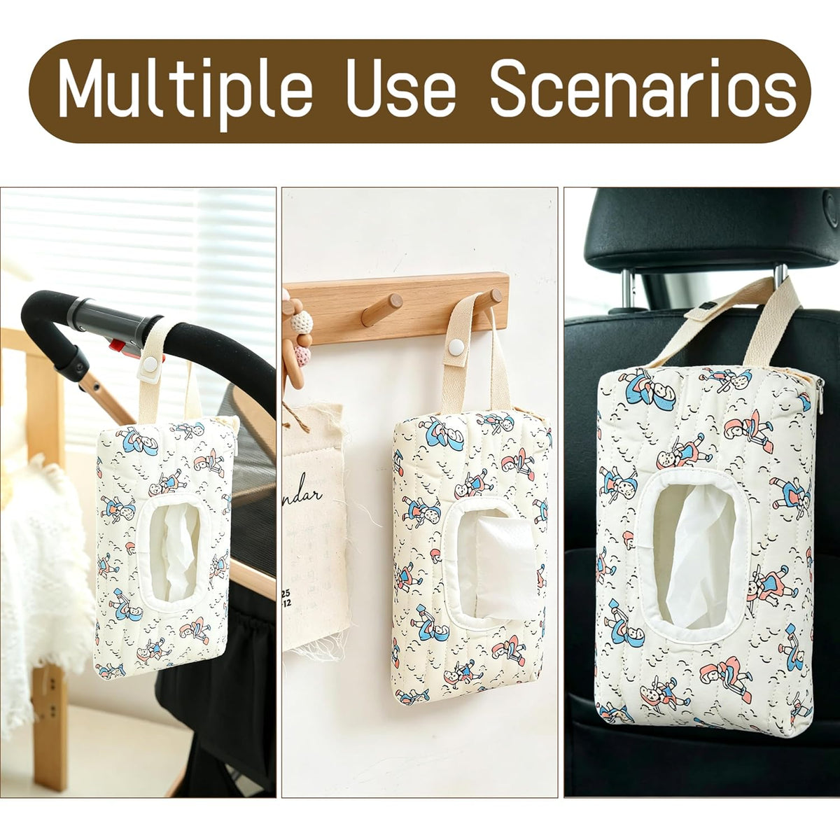 Quilted Baby Wipe Holder Floral Diaper Pouch Portable Quilted Wipes Bag for Car, Stroller (Beige Pattern)