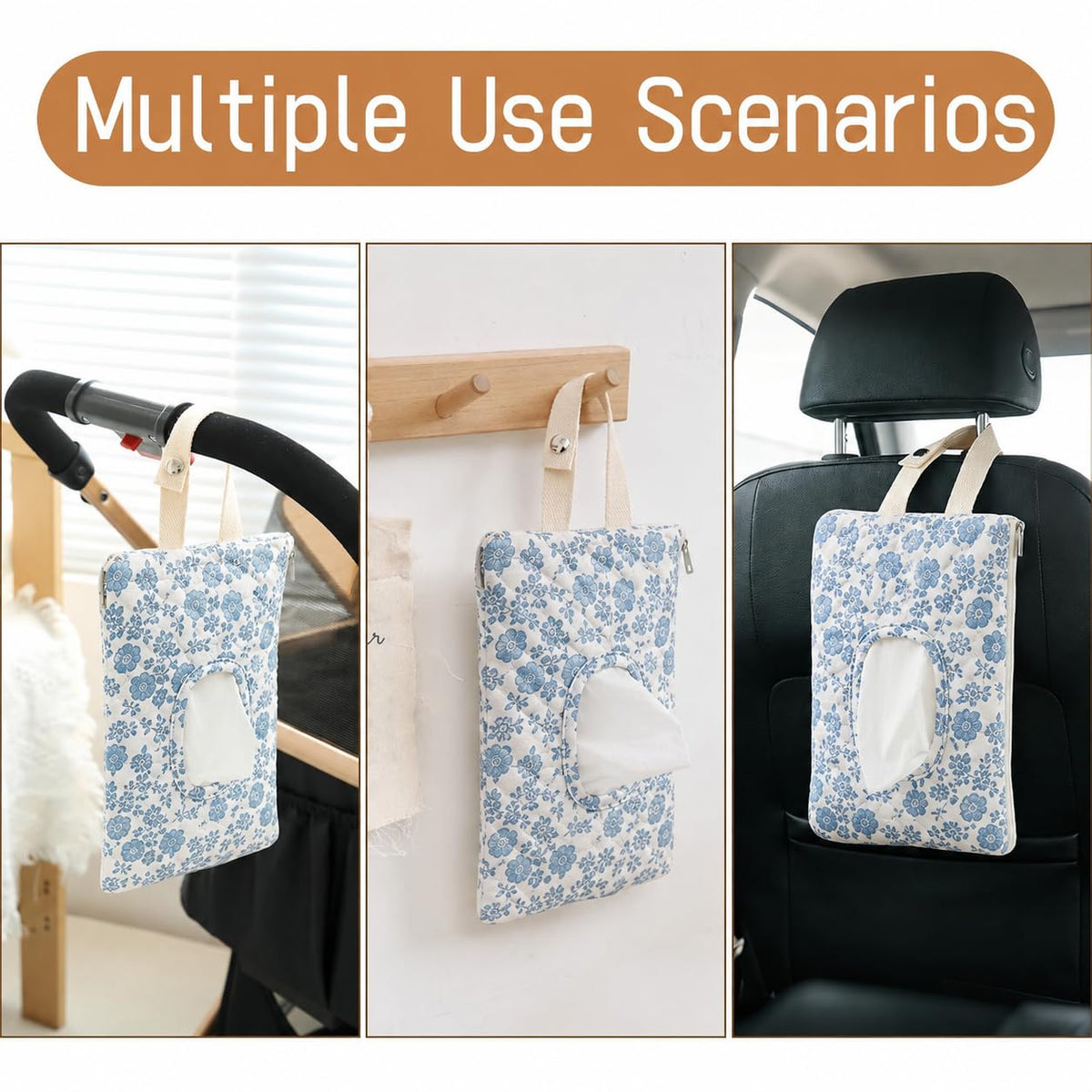 Quilted Baby Wipe Holder Floral Diaper Pouch Portable Quilted Wipes Bag for Car, Stroller (Beige Pattern)