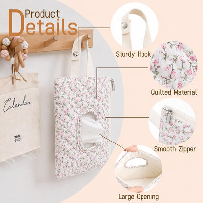Quilted Baby Wipe Holder Floral Diaper Pouch Portable Quilted Wipes Bag for Car, Stroller (Beige Pattern)