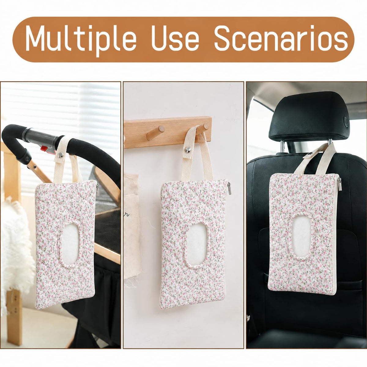 Quilted Baby Wipe Holder Floral Diaper Pouch Portable Quilted Wipes Bag for Car, Stroller (Beige Pattern)