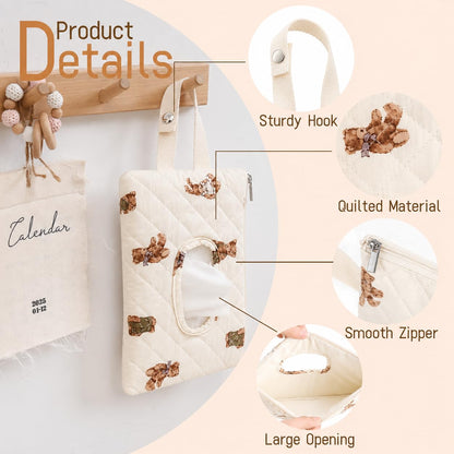 Quilted Baby Wipe Holder Floral Diaper Pouch Portable Quilted Wipes Bag for Car, Stroller (Beige Pattern)