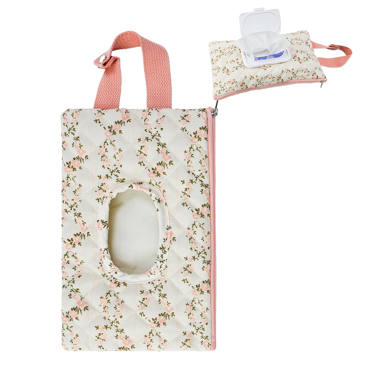 Quilted Baby Wipe Holder Floral Diaper Pouch Portable Quilted Wipes Bag for Car, Stroller (Beige Pattern)