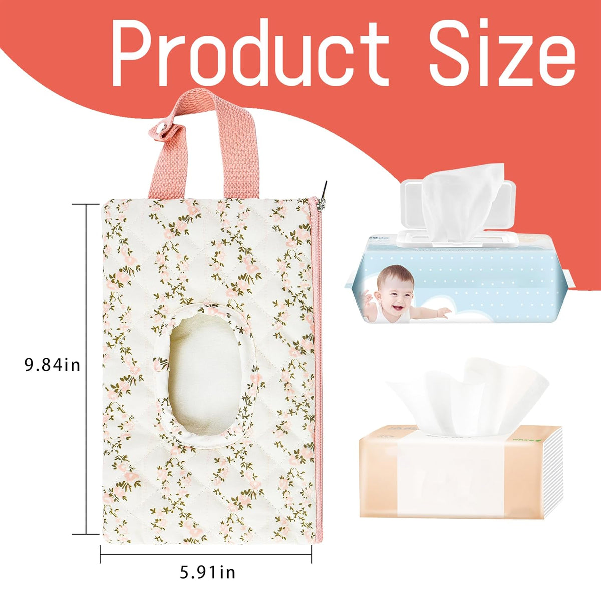Quilted Baby Wipe Holder Floral Diaper Pouch Portable Quilted Wipes Bag for Car, Stroller (Beige Pattern)