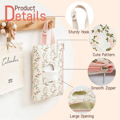 Quilted Baby Wipe Holder Floral Diaper Pouch Portable Quilted Wipes Bag for Car, Stroller (Beige Pattern)
