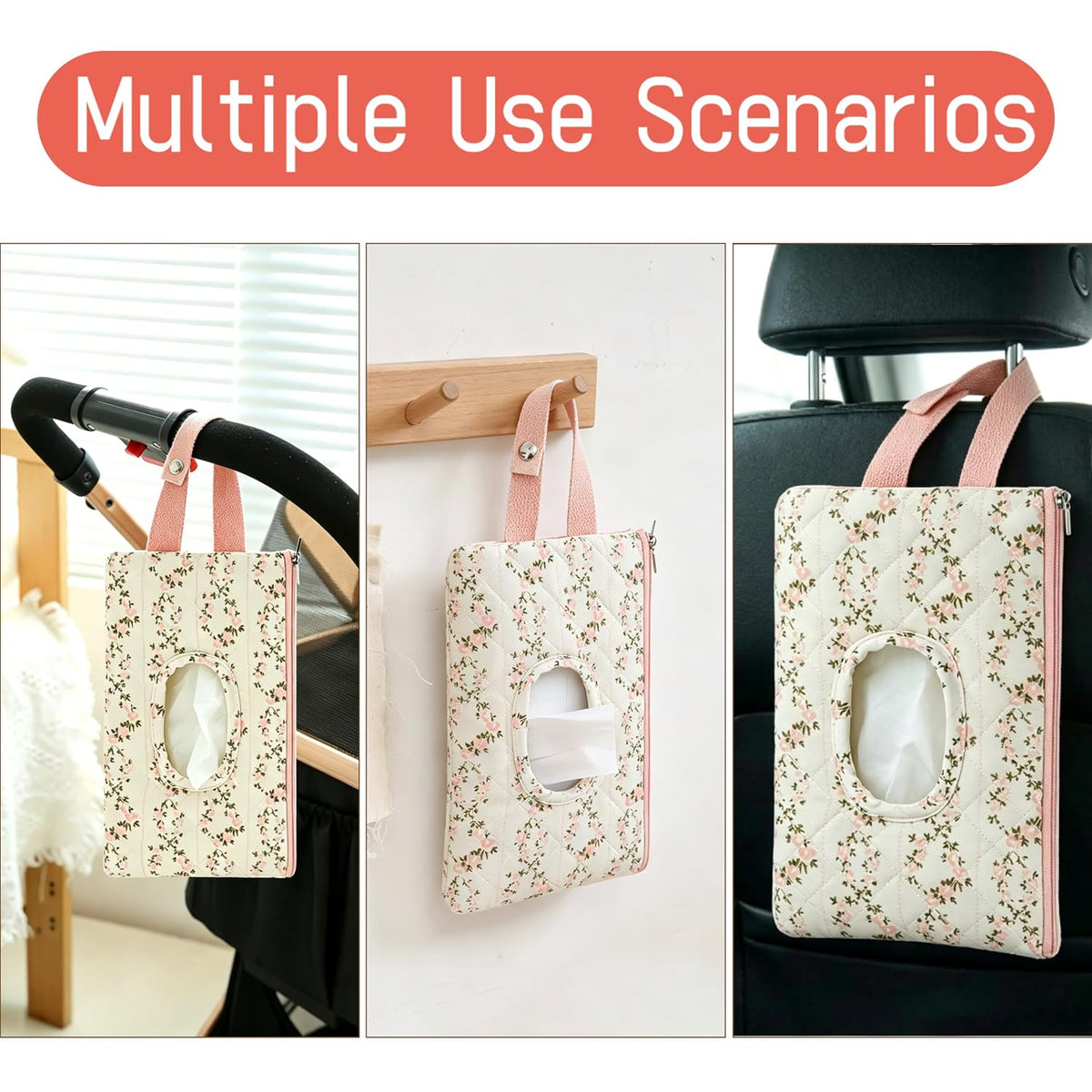 Quilted Baby Wipe Holder Floral Diaper Pouch Portable Quilted Wipes Bag for Car, Stroller (Beige Pattern)