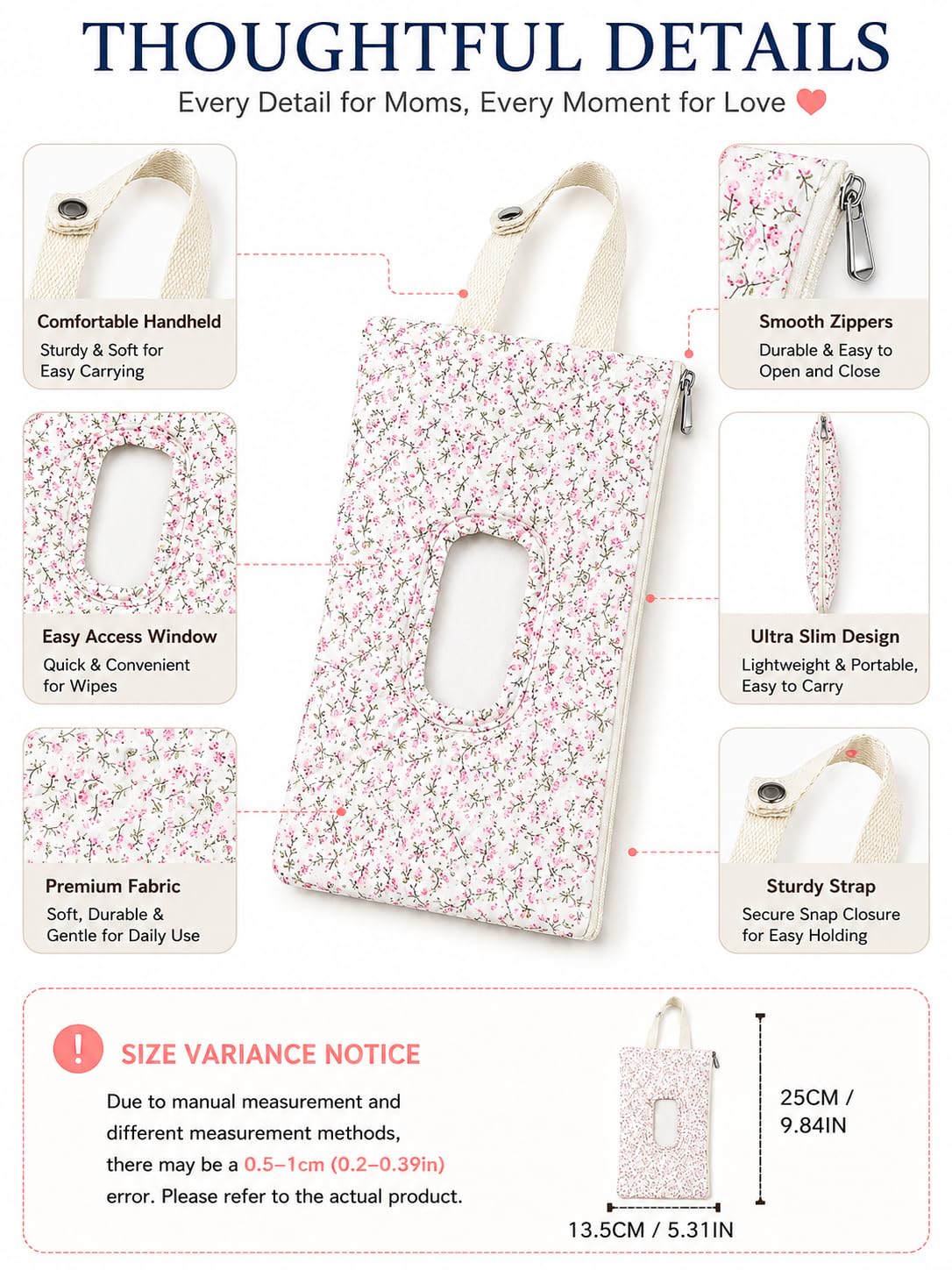 Quilted Baby Wipe Holder Floral Diaper Pouch Portable Quilted Wipes Bag for Car, Stroller (Beige Pattern)