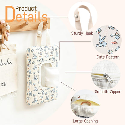 Quilted Baby Wipe Holder Floral Diaper Pouch Portable Quilted Wipes Bag for Car, Stroller (Beige Pattern)