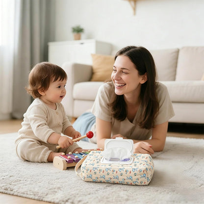 Quilted Baby Wipe Holder Floral Diaper Pouch Portable Quilted Wipes Bag for Car, Stroller (Beige Pattern)