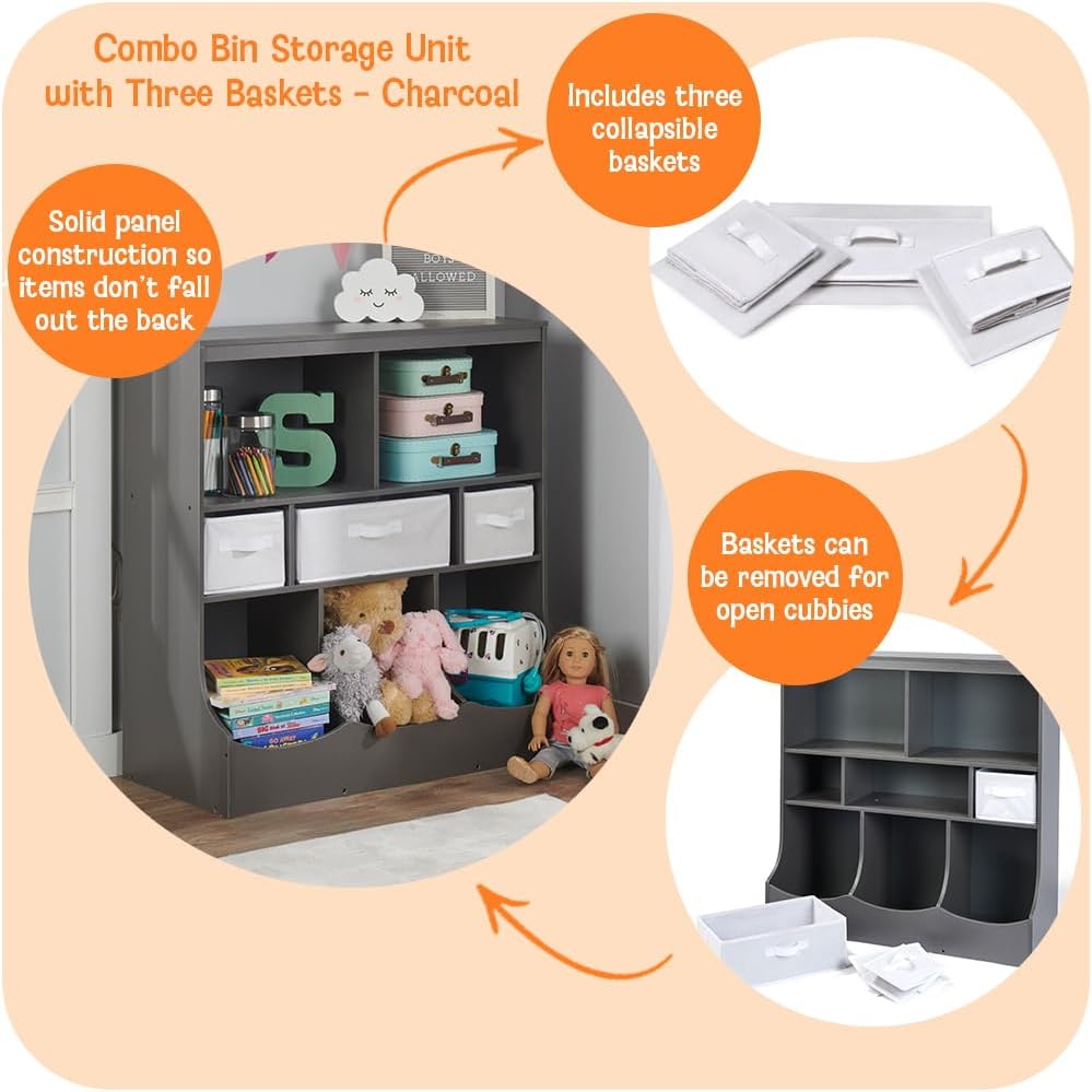 Combo Bin Toy Storage Unit and Book Shelf for Kids with 3 Baskets - White/Gray