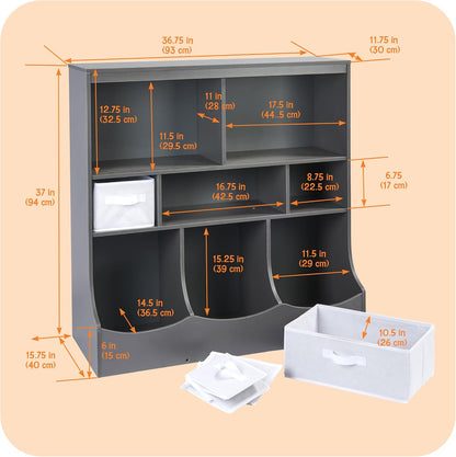 Combo Bin Toy Storage Unit and Book Shelf for Kids with 3 Baskets - White/Gray