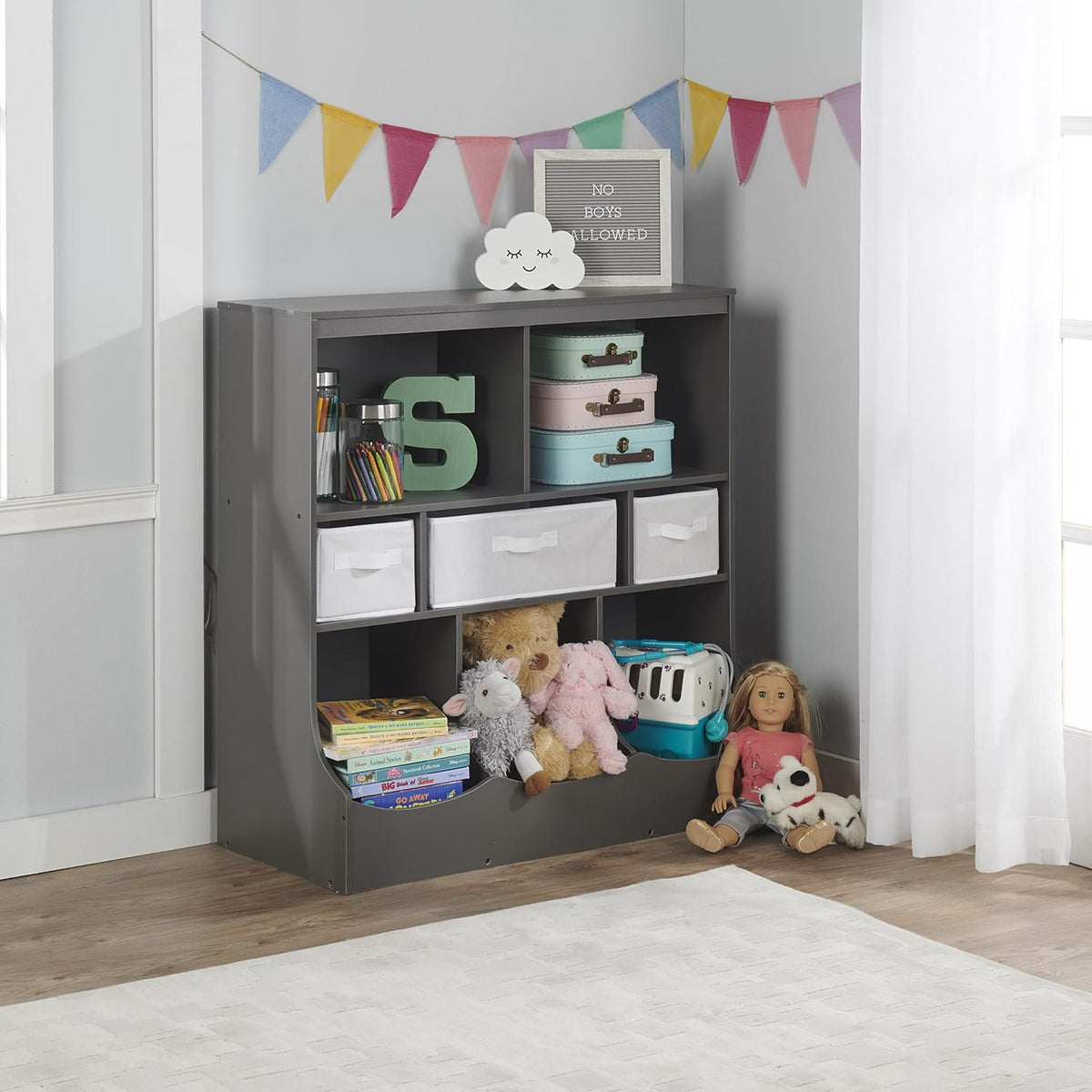 Combo Bin Toy Storage Unit and Book Shelf for Kids with 3 Baskets - White/Gray
