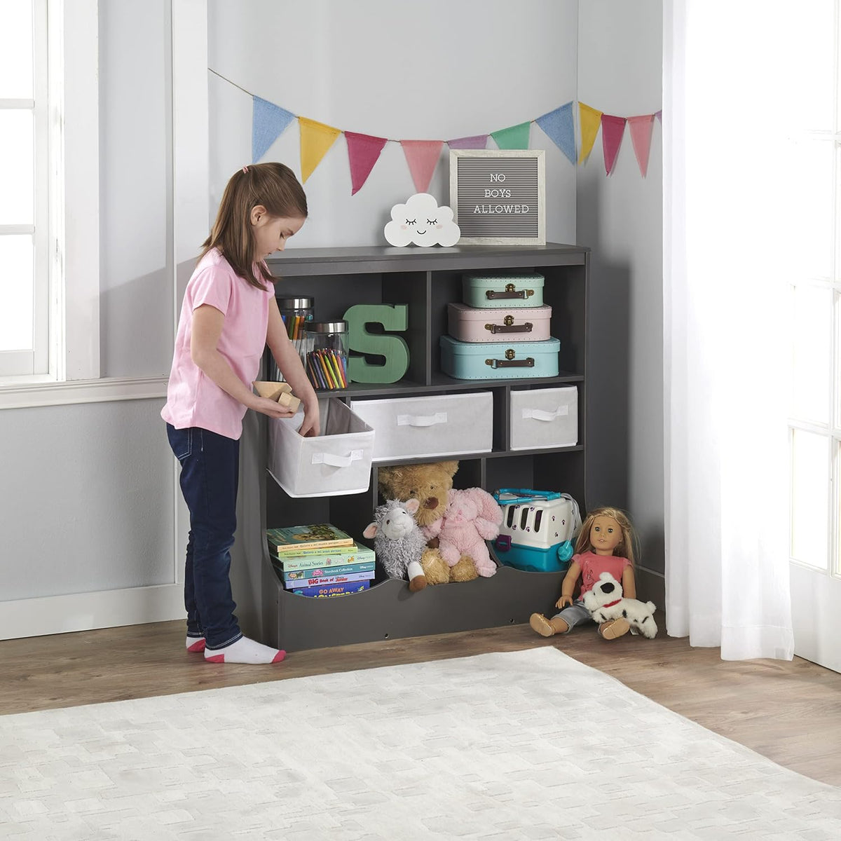 Combo Bin Toy Storage Unit and Book Shelf for Kids with 3 Baskets - White/Gray