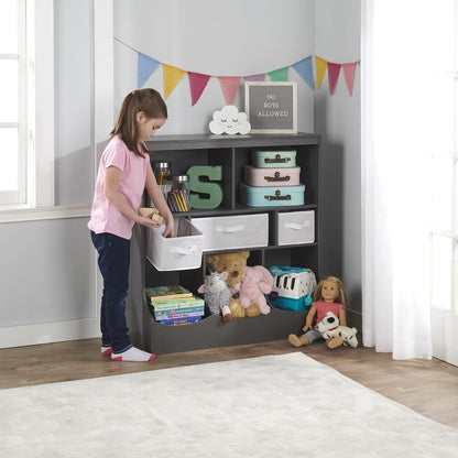 Combo Bin Toy Storage Unit and Book Shelf for Kids with 3 Baskets - White/Gray
