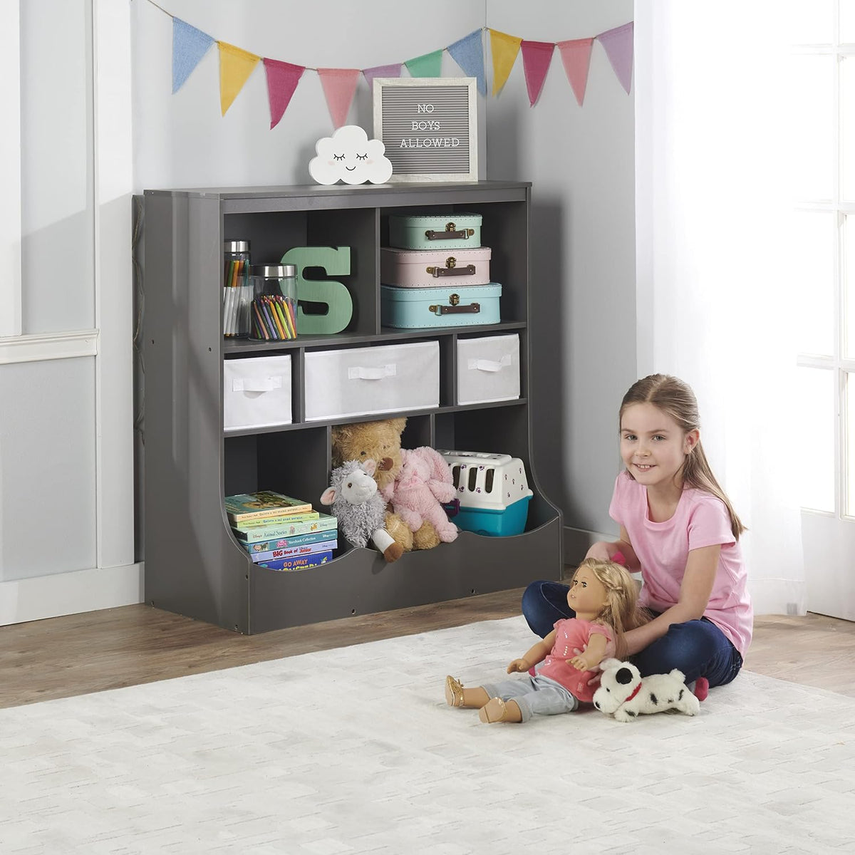 Combo Bin Toy Storage Unit and Book Shelf for Kids with 3 Baskets - White/Gray
