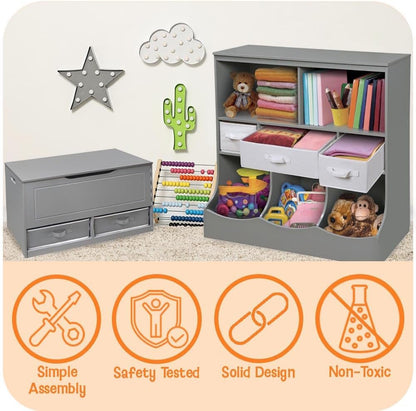 Combo Bin Toy Storage Unit and Book Shelf for Kids with 3 Baskets - White/Gray