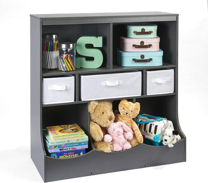 Combo Bin Toy Storage Unit and Book Shelf for Kids with 3 Baskets - White/Gray