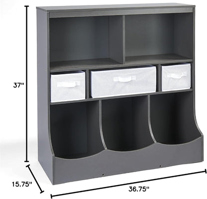 Combo Bin Toy Storage Unit and Book Shelf for Kids with 3 Baskets - White/Gray