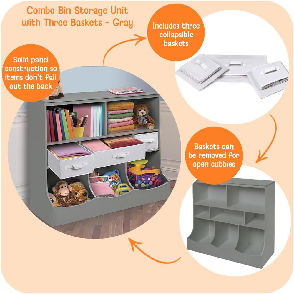 Combo Bin Toy Storage Unit and Book Shelf for Kids with 3 Baskets - White/Gray