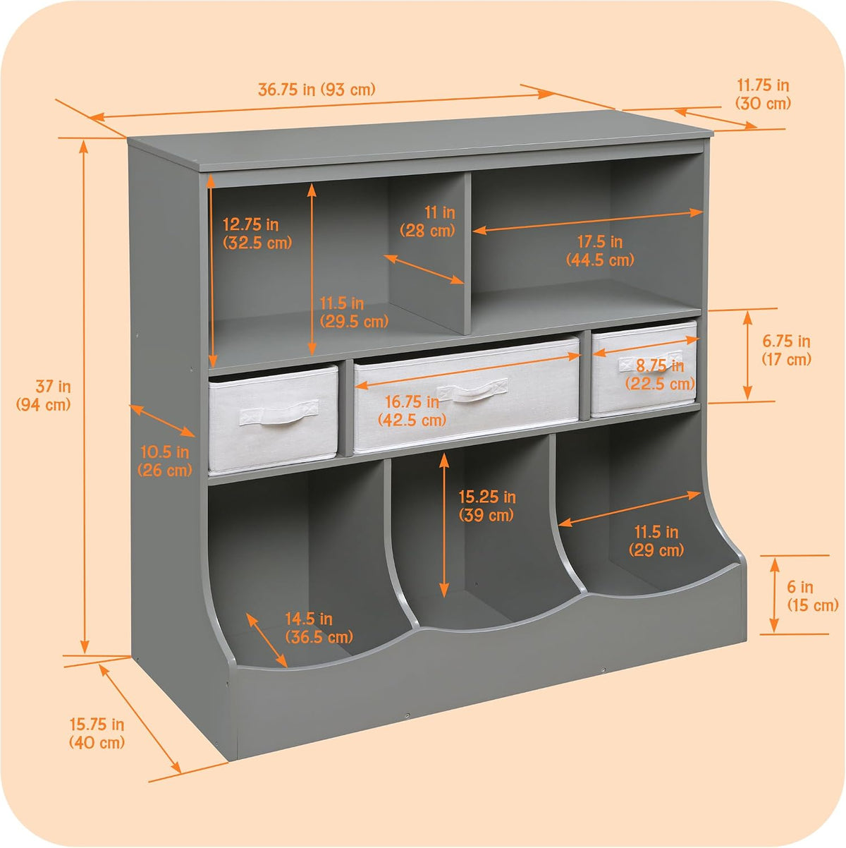 Combo Bin Toy Storage Unit and Book Shelf for Kids with 3 Baskets - White/Gray