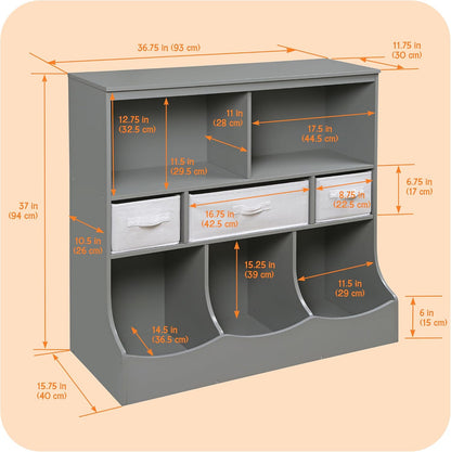 Combo Bin Toy Storage Unit and Book Shelf for Kids with 3 Baskets - White/Gray