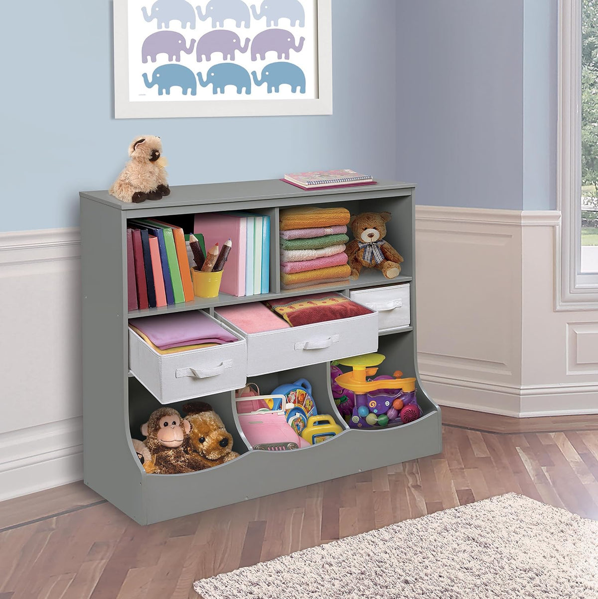Combo Bin Toy Storage Unit and Book Shelf for Kids with 3 Baskets - White/Gray