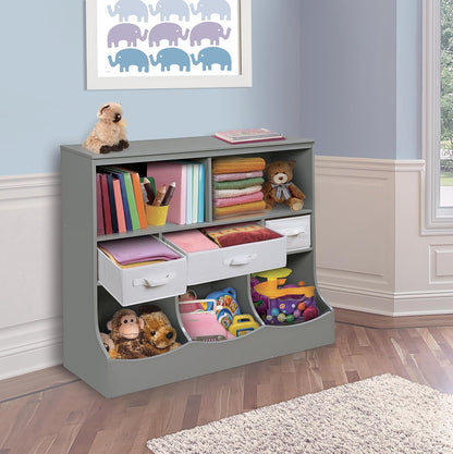 Combo Bin Toy Storage Unit and Book Shelf for Kids with 3 Baskets - White/Gray