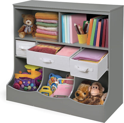 Combo Bin Toy Storage Unit and Book Shelf for Kids with 3 Baskets - White/Gray