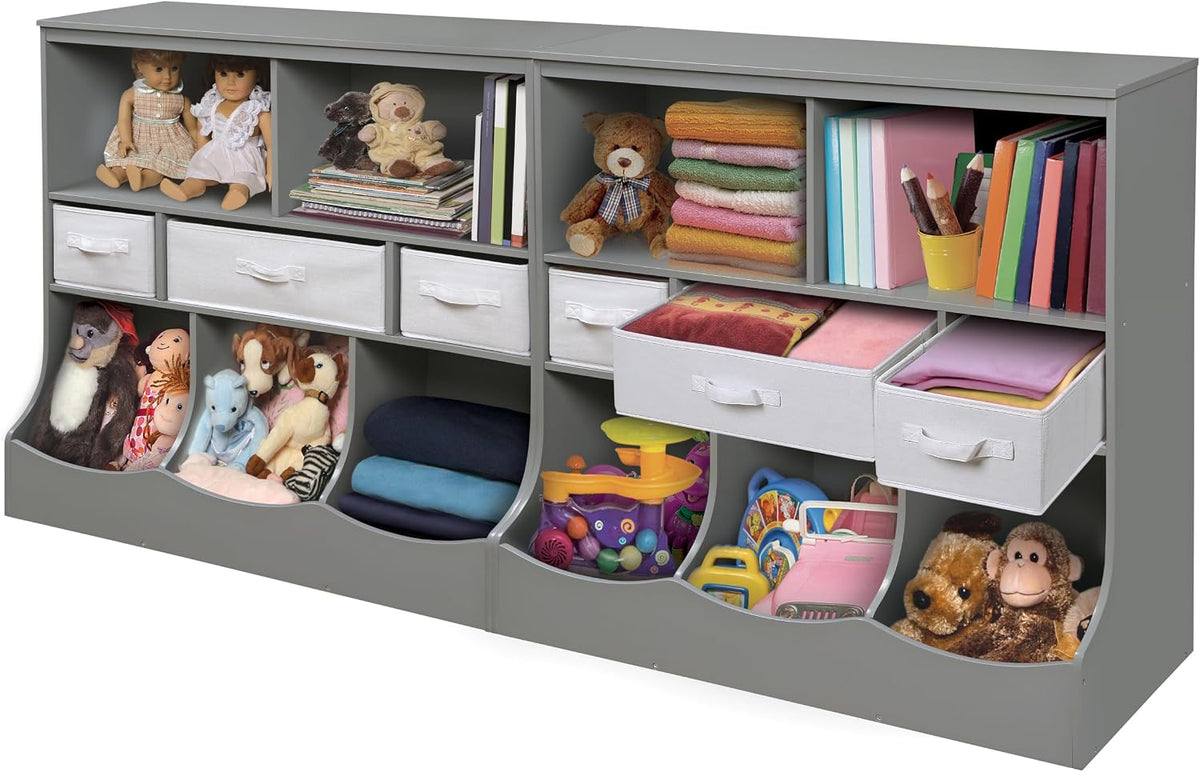 Combo Bin Toy Storage Unit and Book Shelf for Kids with 3 Baskets - White/Gray