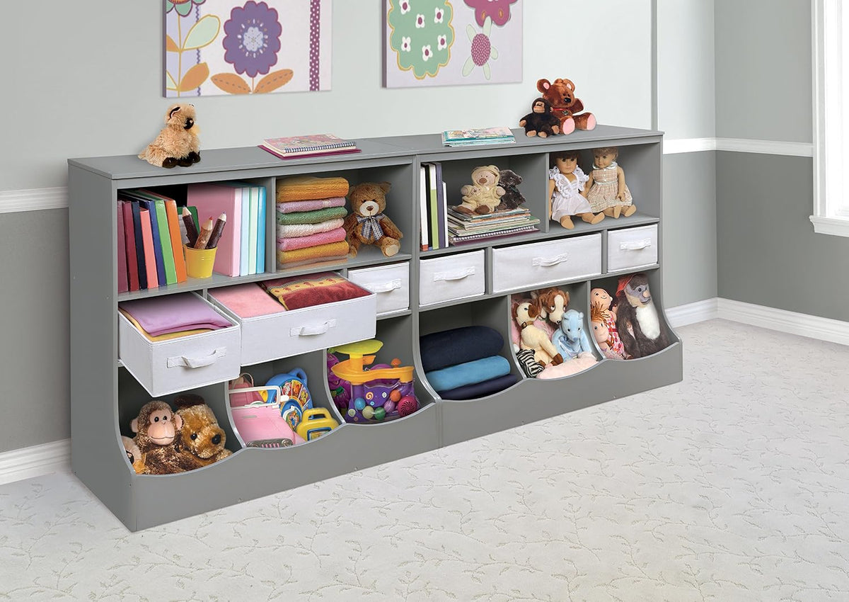 Combo Bin Toy Storage Unit and Book Shelf for Kids with 3 Baskets - White/Gray